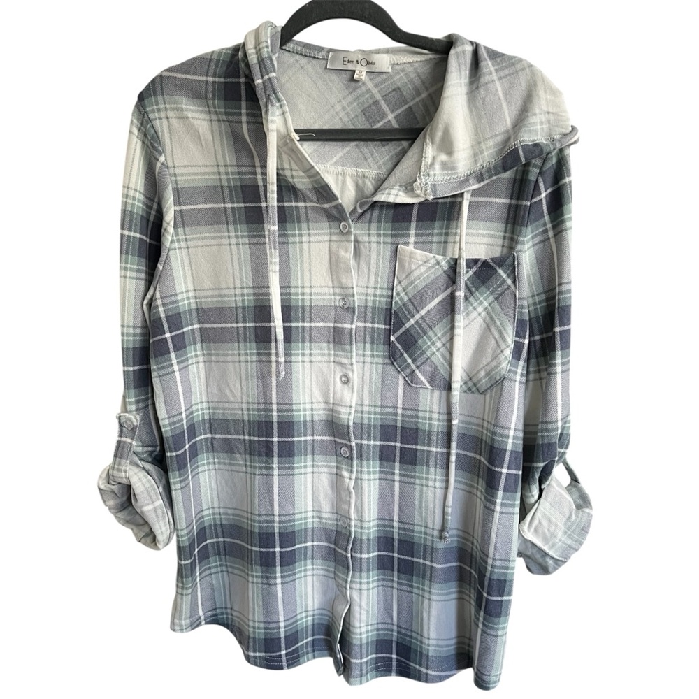 Eden & Olivia Plaid Long Sleeve Hoodie - Gray and White